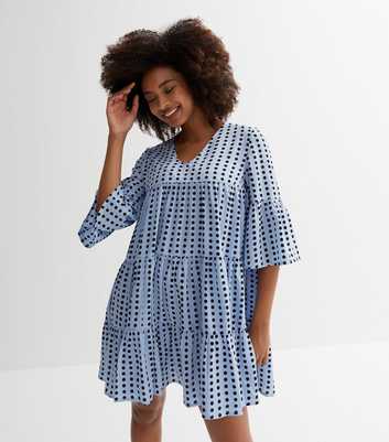 Cutie London Blue Spot 1/2 Sleeve Tiered Mini Smock Dress
