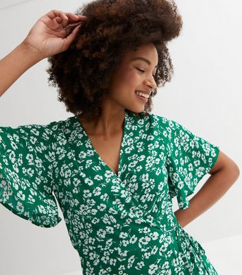 New look green outlet floral wrap dress