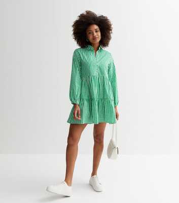 Cutie London Green Check Long Puff Sleeve Mini Smock Dress