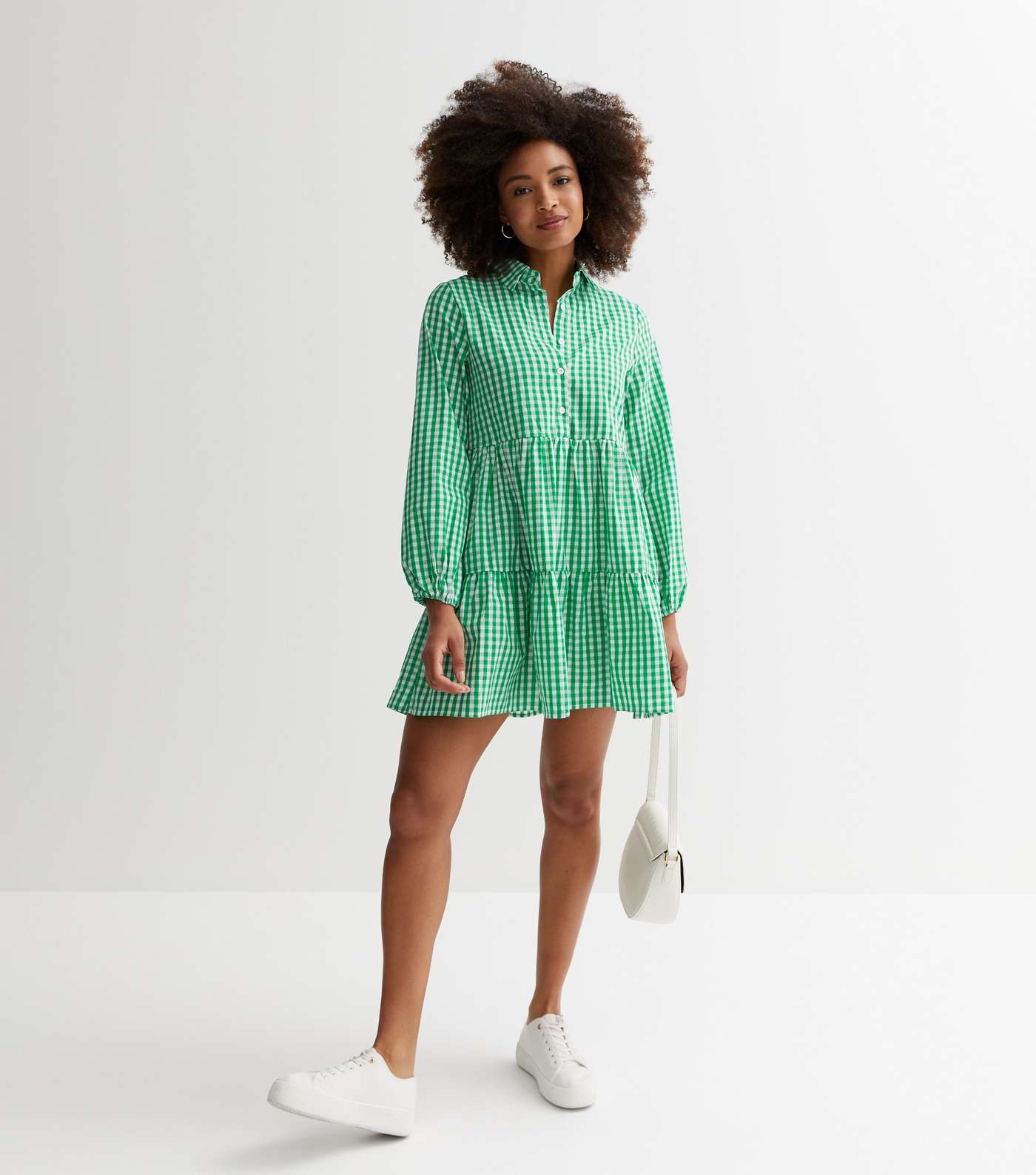 Cutie London Green Check Long Puff Sleeve Mini Smock Dress