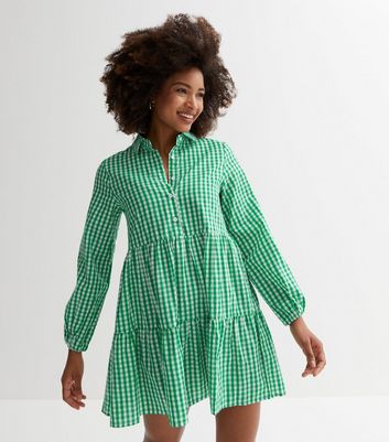 Cutie London Green Check Long Puff Sleeve Mini Smock Dress New Look