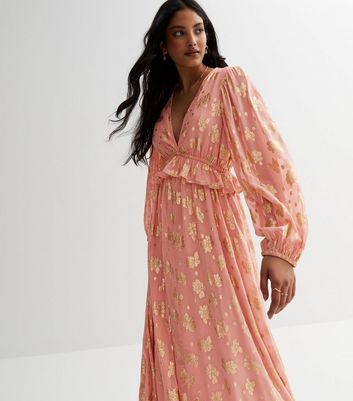 Pink Glitter Floral Plunge Frill Maxi Dress New Look