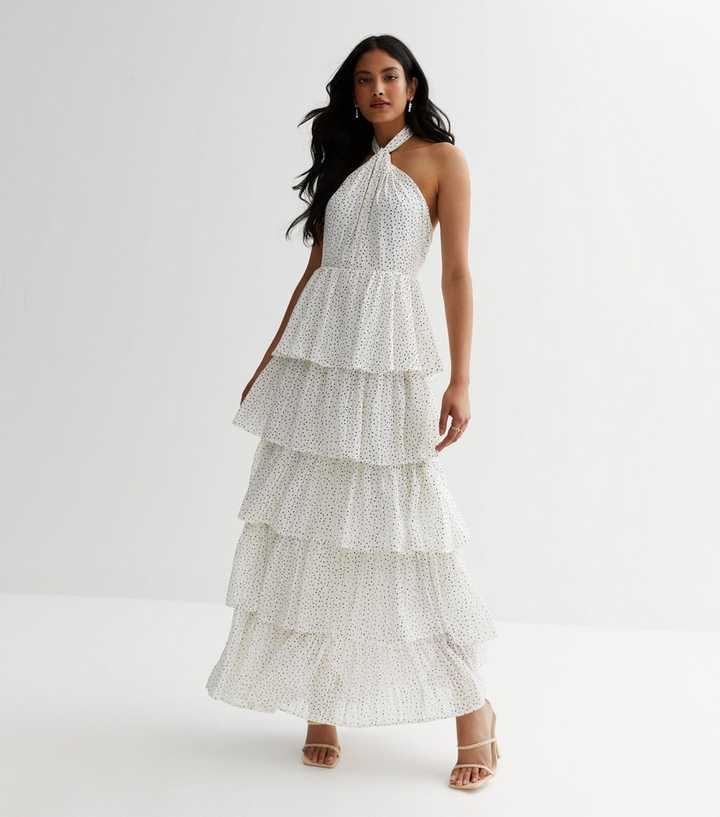 Off White Glitter Spot Halter Tiered Maxi Dress