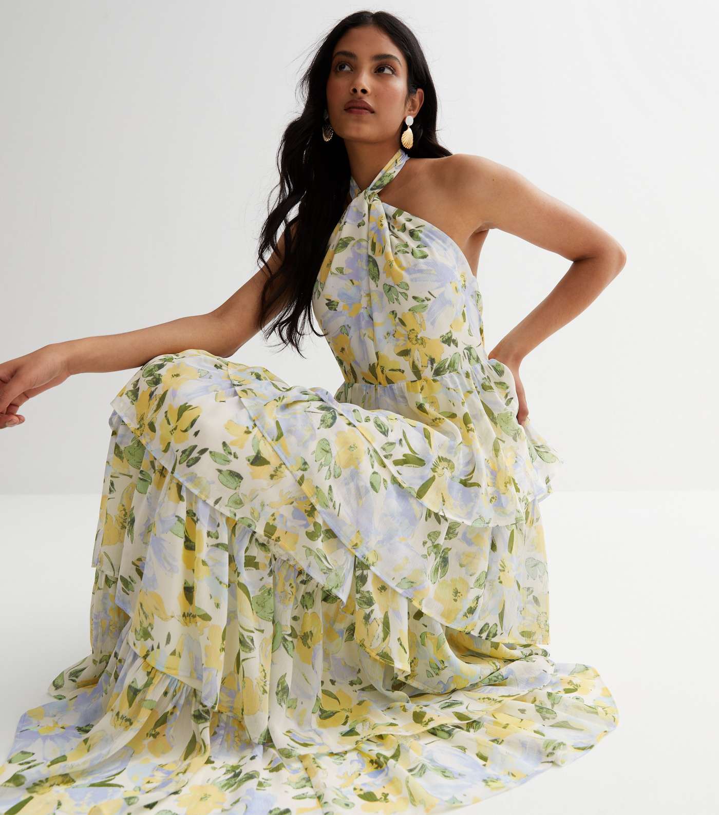 Off White Floral Tiered Halter Maxi Dress Image 3