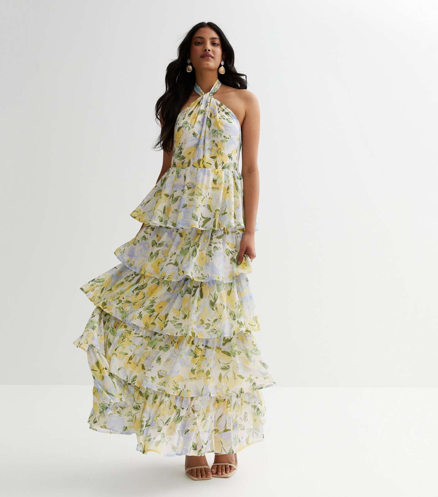 Off White Floral Tiered Halter Maxi Dress Image 5