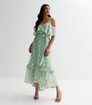 Turquoise Glitter Floral Cold Shoulder Midi Dress New Look