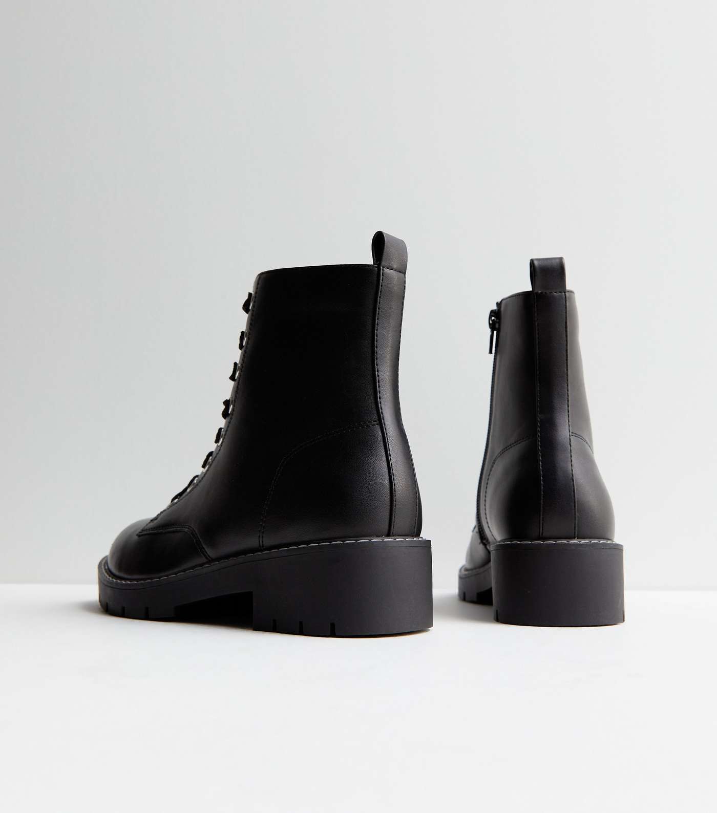 Wide Fit Black Leather-Look Contrast Stitch Lace Up Biker Boots Image 4