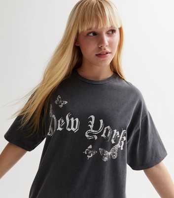 Girls Dark Grey Acid Wash New York Logo Oversized T-Shirt