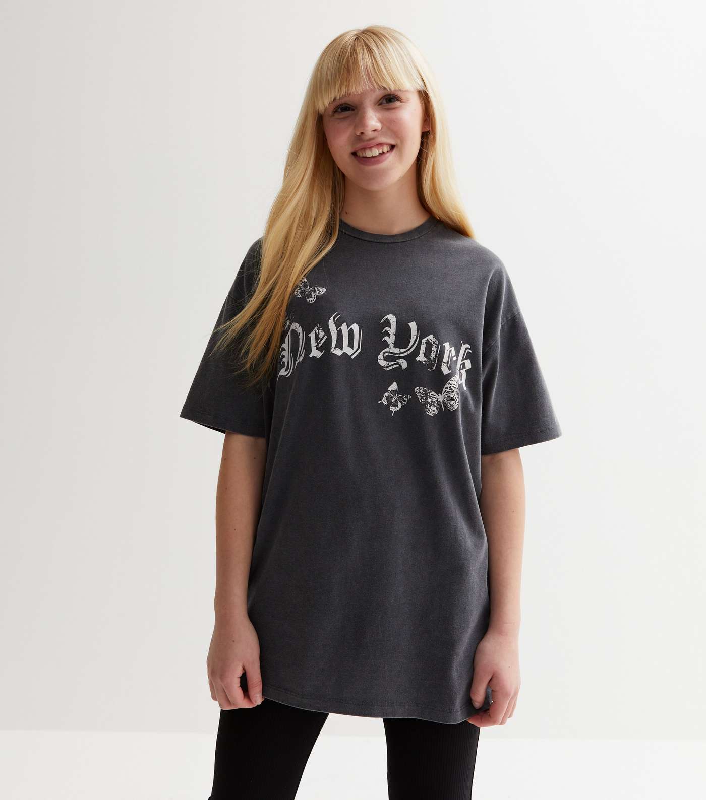 Girls Dark Grey Acid Wash New York Logo Oversized T-Shirt Image 2