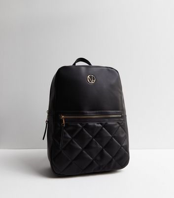 Black LeatherLook Quilted Pocket Front Backpack New Look