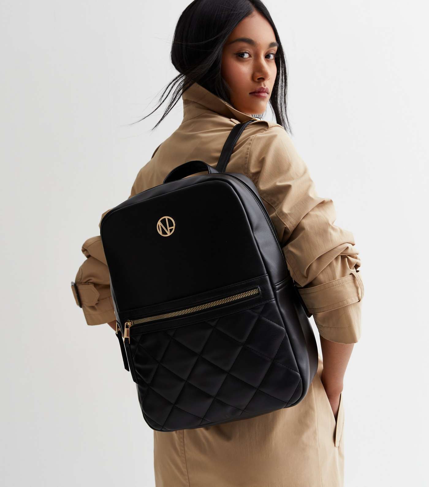 Black Leather-Look Quilted Pocket Front Backpack Image 2