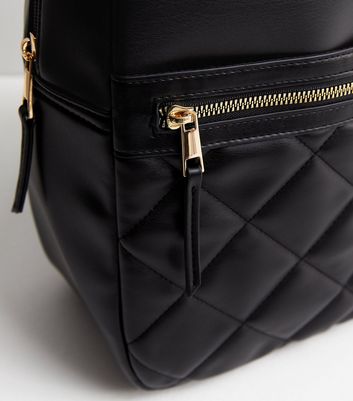 Black Leather-Look Quilted Pocket Front Backpack | New Look