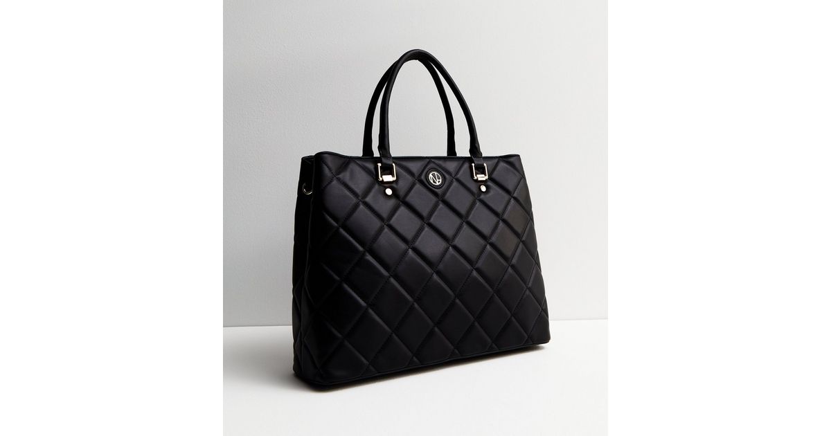 Black Diamond Quilted Laptop Tote Bag New Look