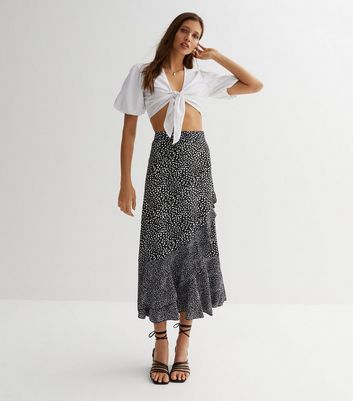 Cameo Rose Black Mixed Spot Ruffle Midi Skirt