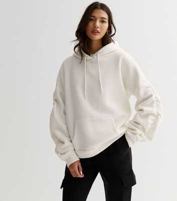 Cameo Rose Off White Jersey Ruched Sleeve Oversized Hoodie