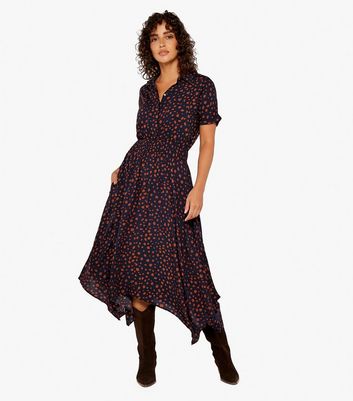 Apricot Navy Mark Making Hanky Hem Midi Shirt Dress | New Look