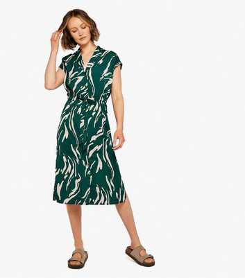 Apricot Green Abstract Print Short Sleeve Midi Shirt Dress