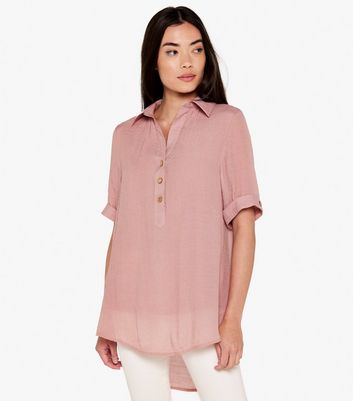 Apricot Pink Collared Dip Hem Short Sleeve Shirt
