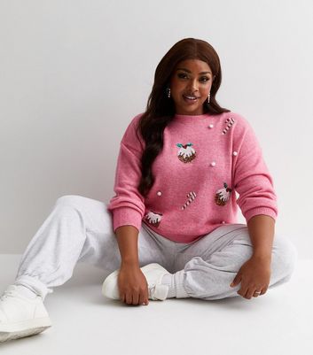 Curves Pink Knit Christmas Pudding Jumper New Look