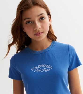 Girls Bright Blue California Logo Lace Trim T-Shirt
