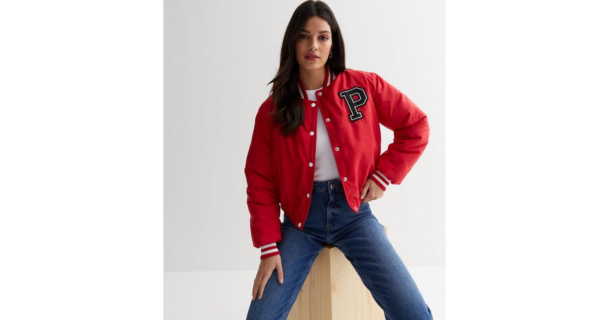 Pink Vanilla Red Varsity Pocket Logo Bomber Jacket