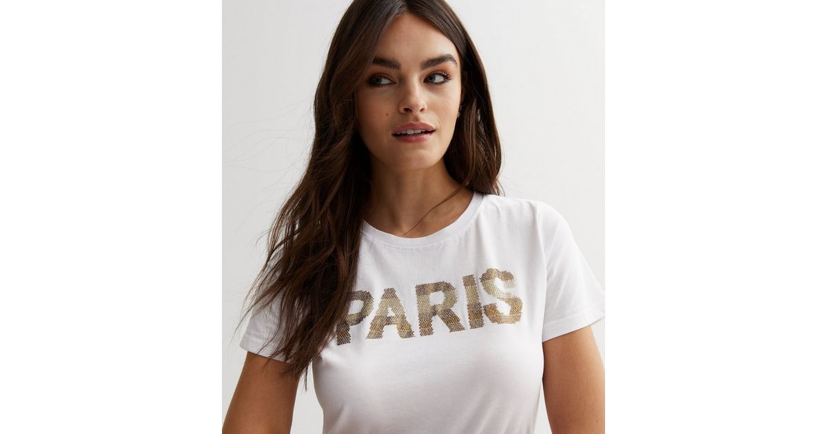 Pink Vanilla White Diamanté Paris Logo T-Shirt | New Look