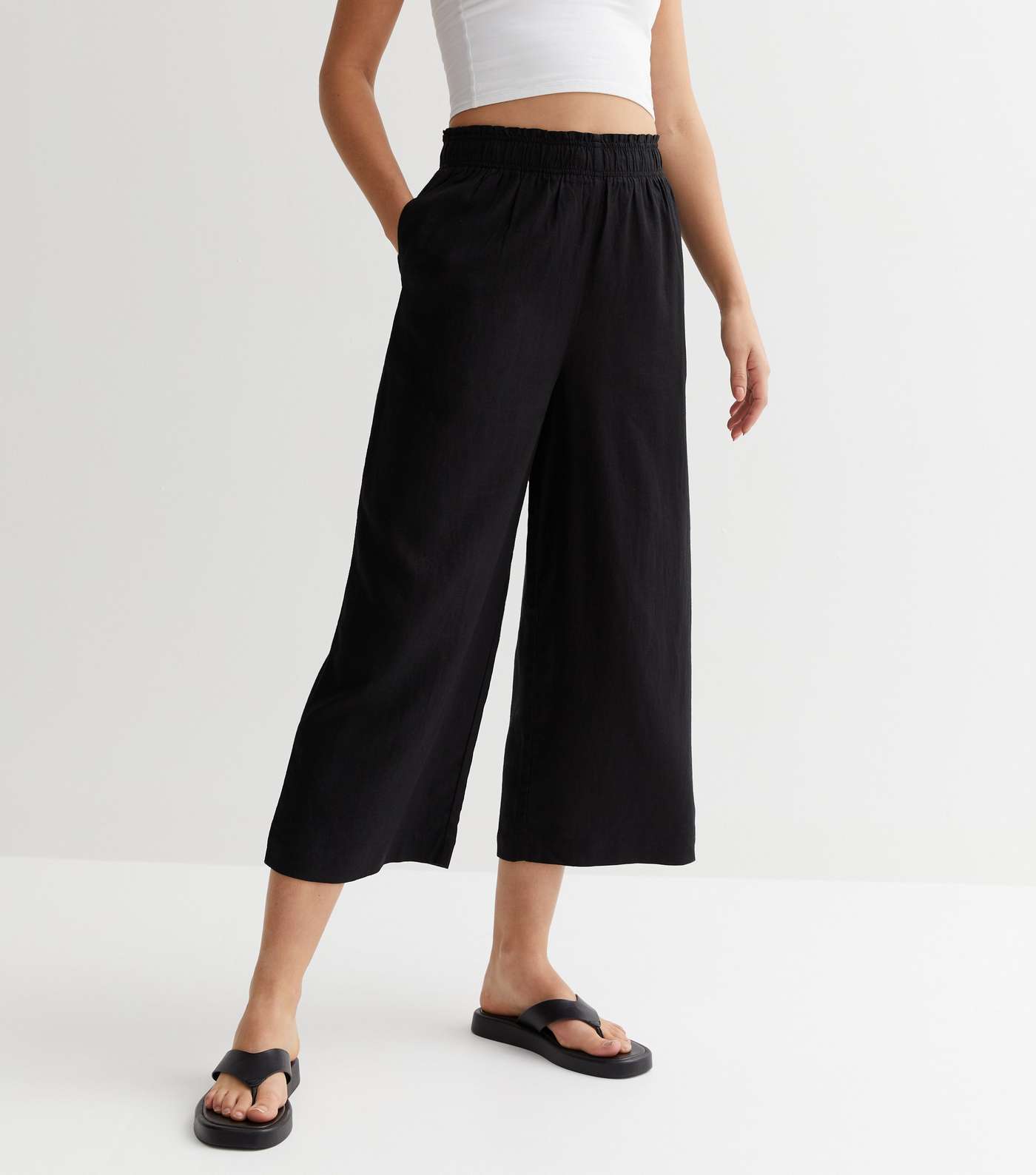 Black Linen Blend Wide Leg Crop Trousers Image 2
