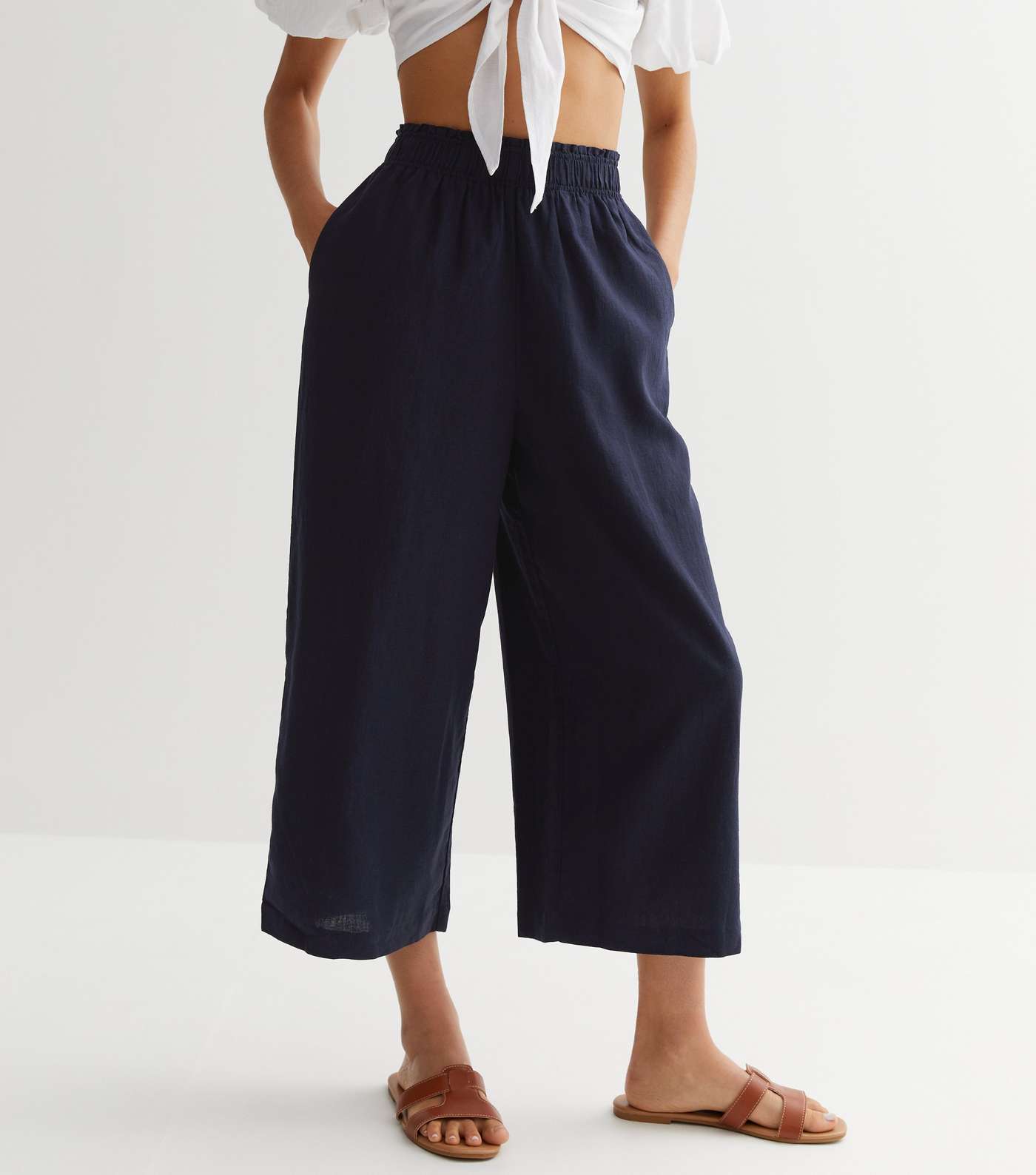 Navy Linen Blend Wide Leg Crop Trousers Image 2