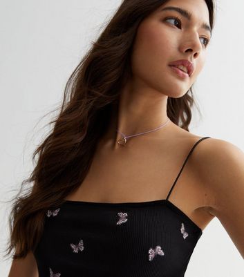 Black Butterfly Embroidered Strappy Crop Top | New Look