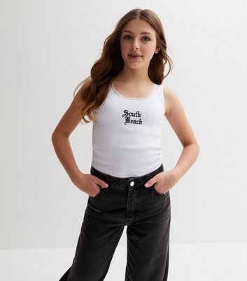 Girls White Lace Trim South Beach Logo Vest