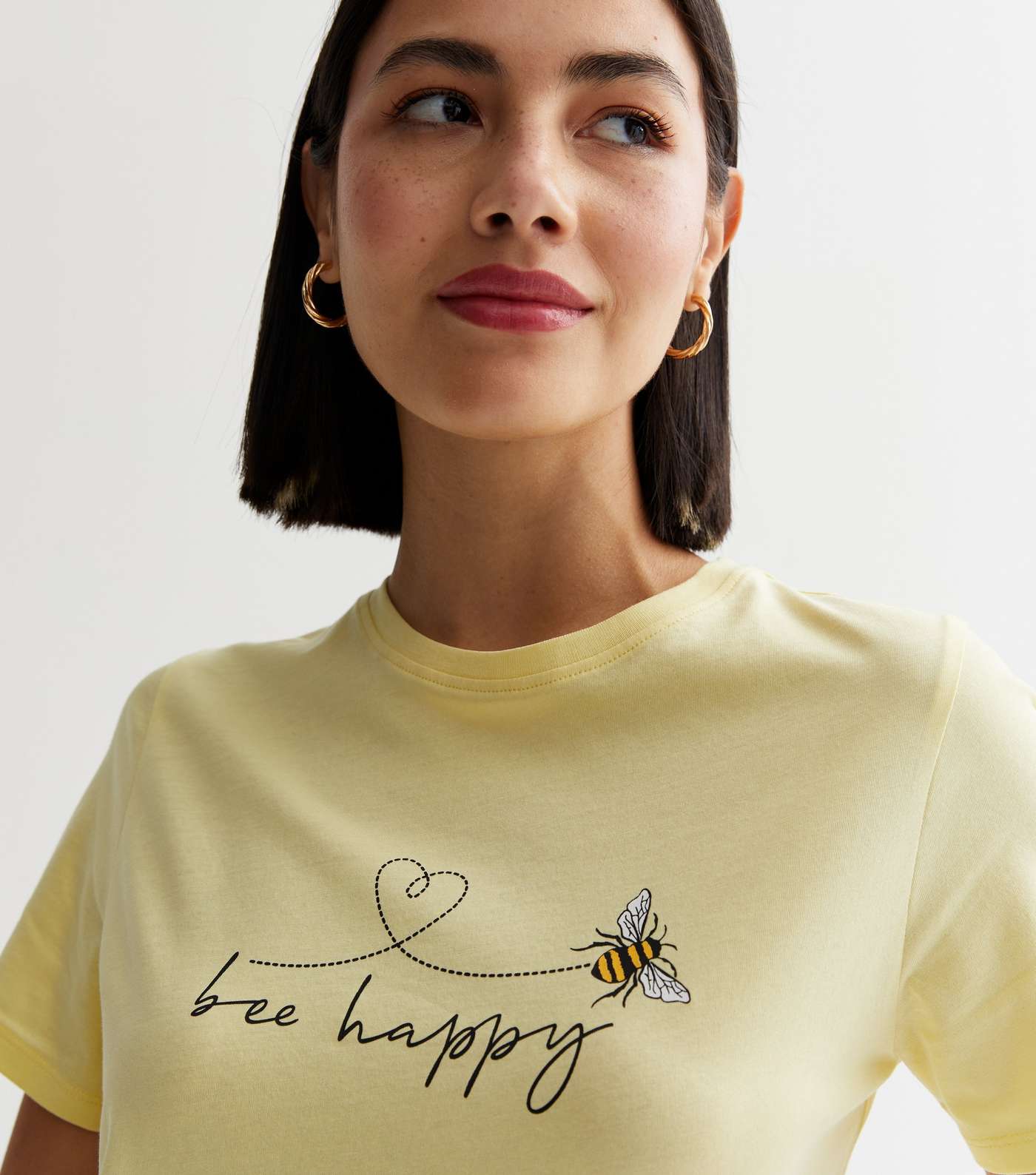 Pale Yellow Cotton Bee Happy Logo T-Shirt