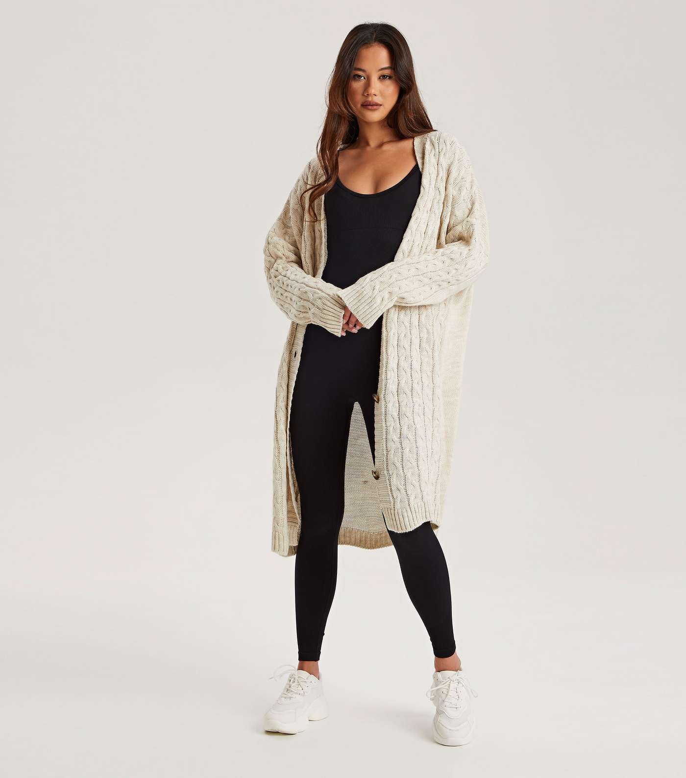 Urban Bliss Cream Cable Knit Button Front Long Cardigan Image 3
