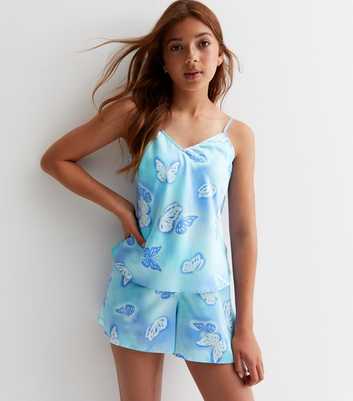 Girls Blue Satin Short Pyjama Set with Butterfly Print