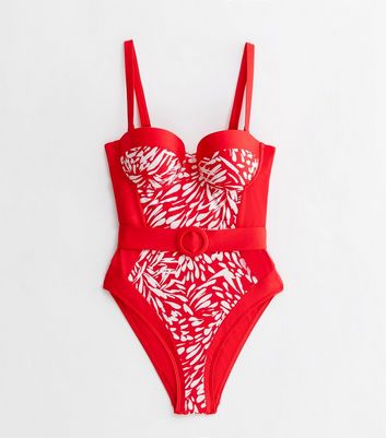 Red Animal Print Belted Illusion Swimsuit New Look