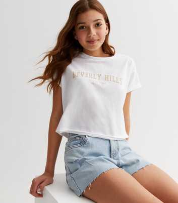 Girls White Beverly Hills Roll Sleeve Logo T-Shirt