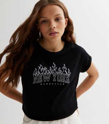 Girls Black Flame New York Logo Crew Neck T-Shirt