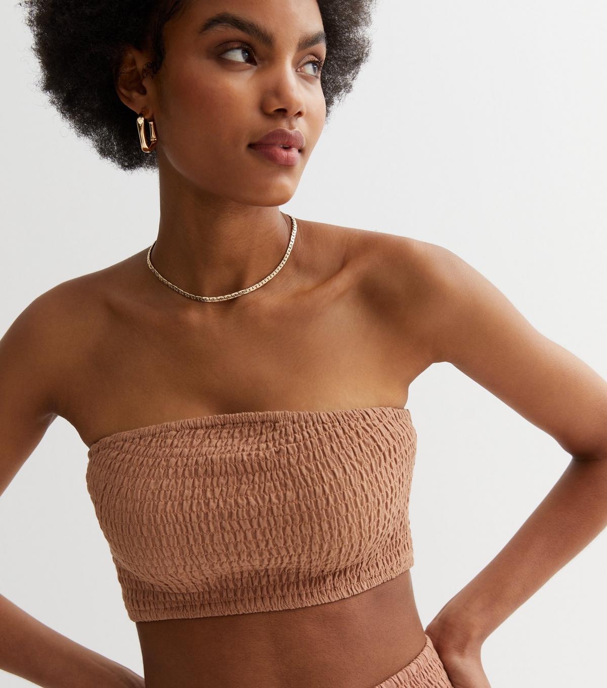 Women's Tan Shirred Bandeau Top New Look