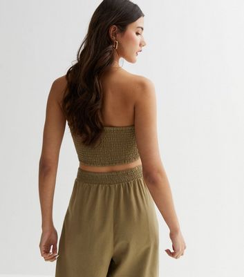 Olive Shirred Bandeau Top New Look