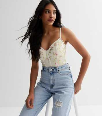 Cream Floral Strappy Bustier Bodysuit