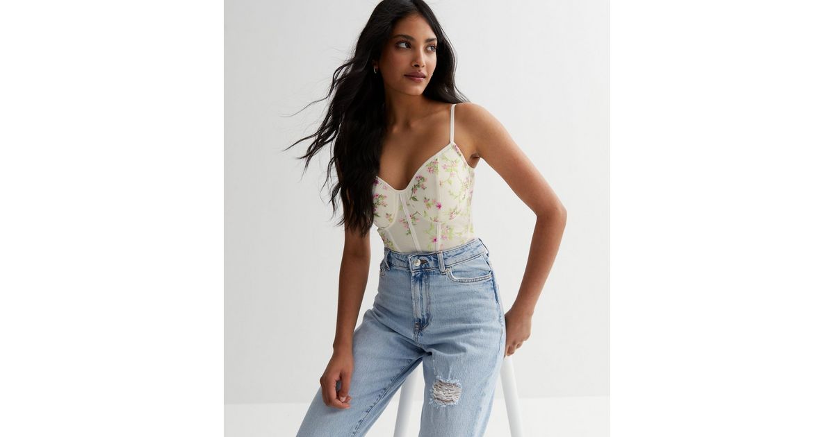 Cream Floral Strappy Bustier Bodysuit | New Look