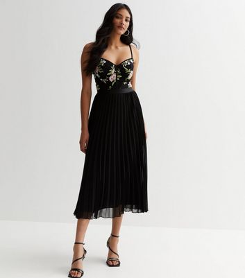 Black Floral Embroidered Bustier Strappy Midi Dress New Look