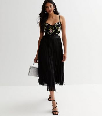 Black Floral Embroidered Bustier Strappy Midi Dress New Look
