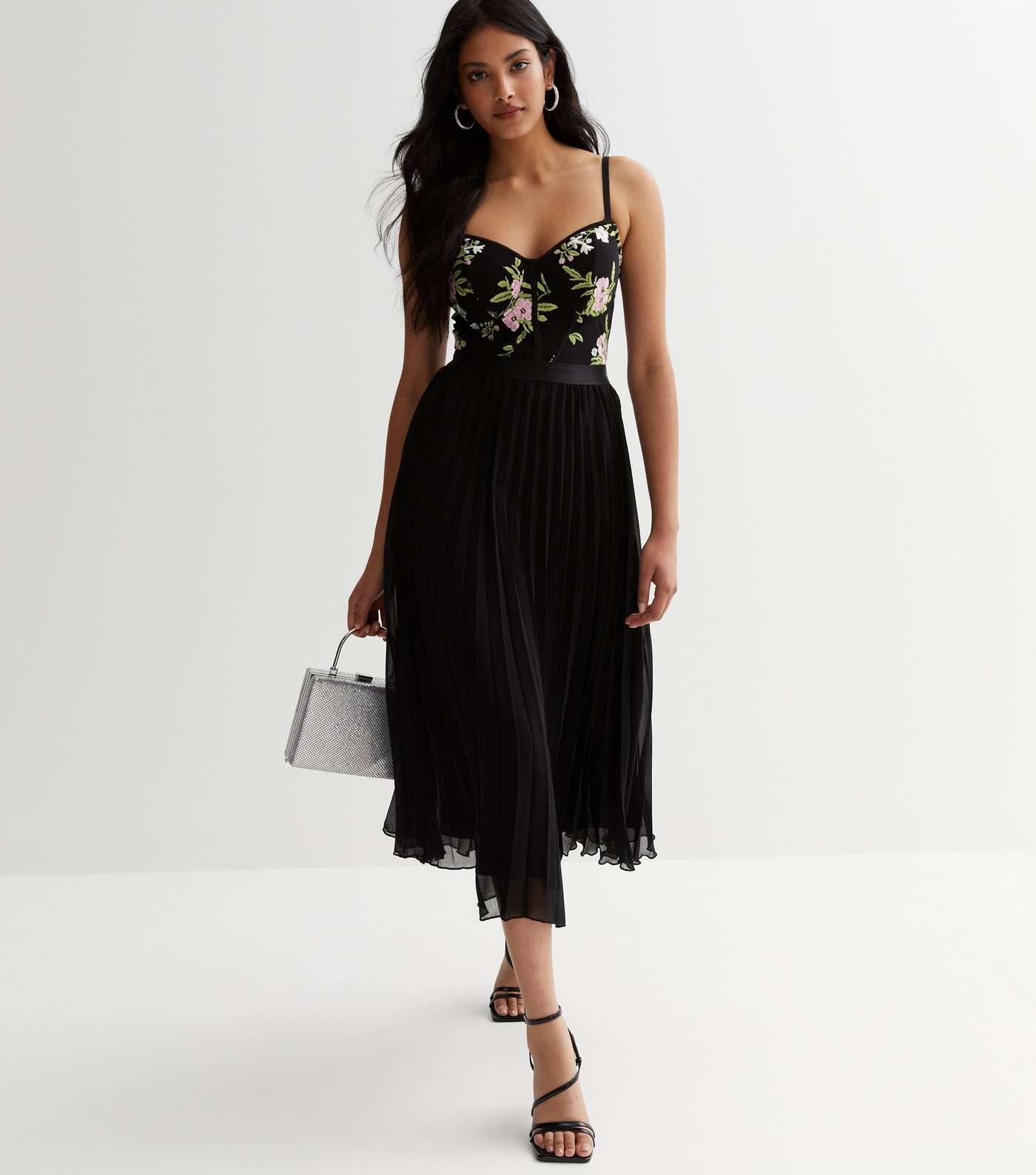 Black Floral Embroidered Bustier Strappy Midi Dress Image 2