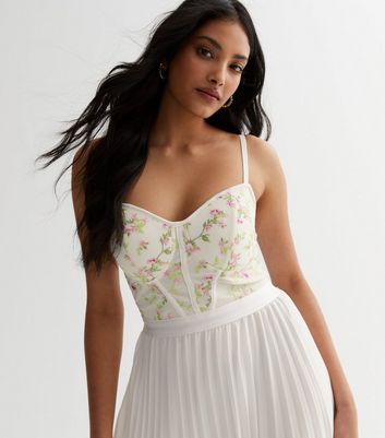 White Floral Embroidered Bustier Strappy Midi Dress New Look