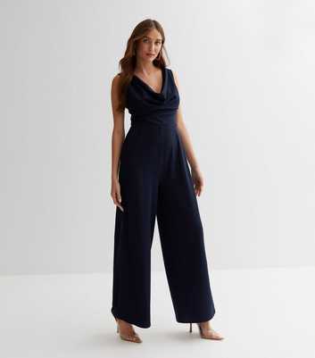 Navy Cowl Neck Wide Leg Jumpsuit