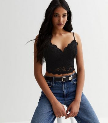 Black Strappy Scallop Lace Crop Bralet New Look