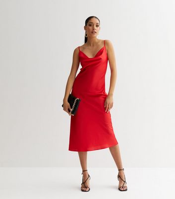 Brielle - Red Satin Tie Up Back Midi Bodycon Dress | Miss G Couture