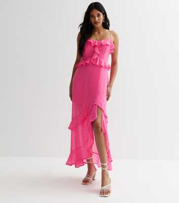 Bright Pink Ruffle Detail Strappy Split Hem Midaxi Dress