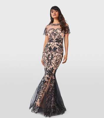 Goddiva Black Mesh Lace Embroidered Maxi Dress
