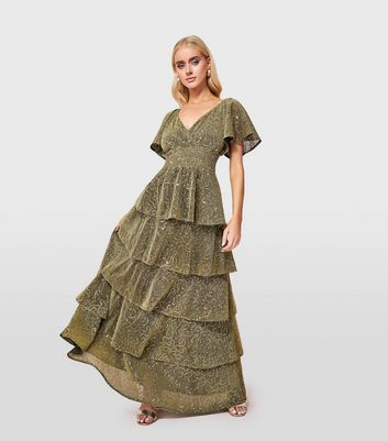 Goddiva Gold Glitter Sequin Tiered Maxi Dress